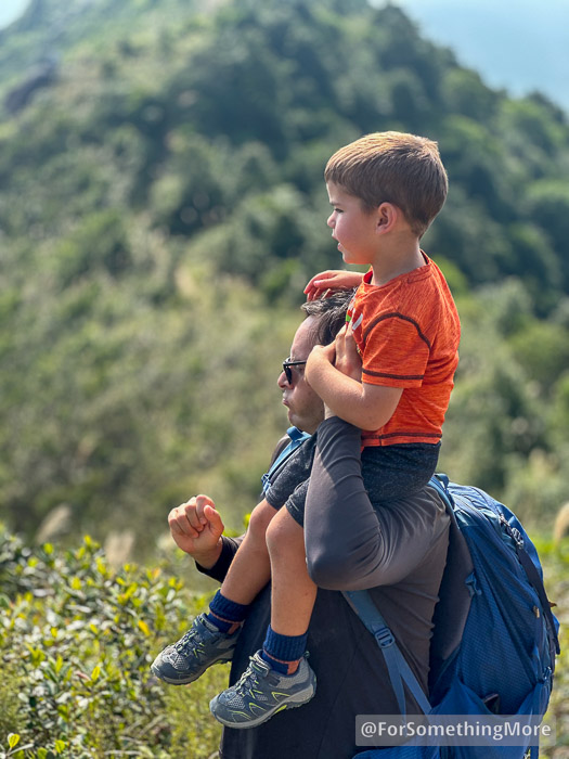 father carrying son on shoulder on Tai To Yan
