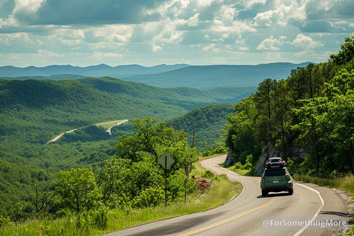 Driving through the Ozark Mountains toward Ponca and Jasper, the kind of scenic approach many families take on their way to the Buffalo National River with kids.