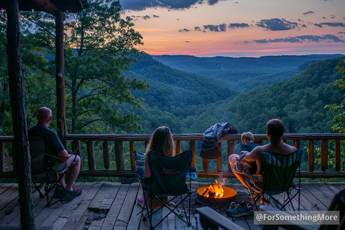 A family winding down at a cabin near Jasper after a full day of paddling and hiking the Buffalo National River, using a cozy Ozark basecamp as a hub for multi-day adventures with kids.